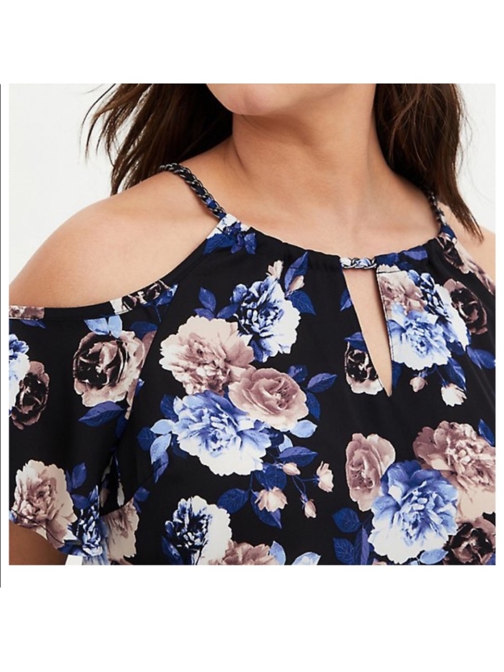 Torrid 5X  Black Cold-Shoulder Floral Camisole with Blue & Taupe Flowers